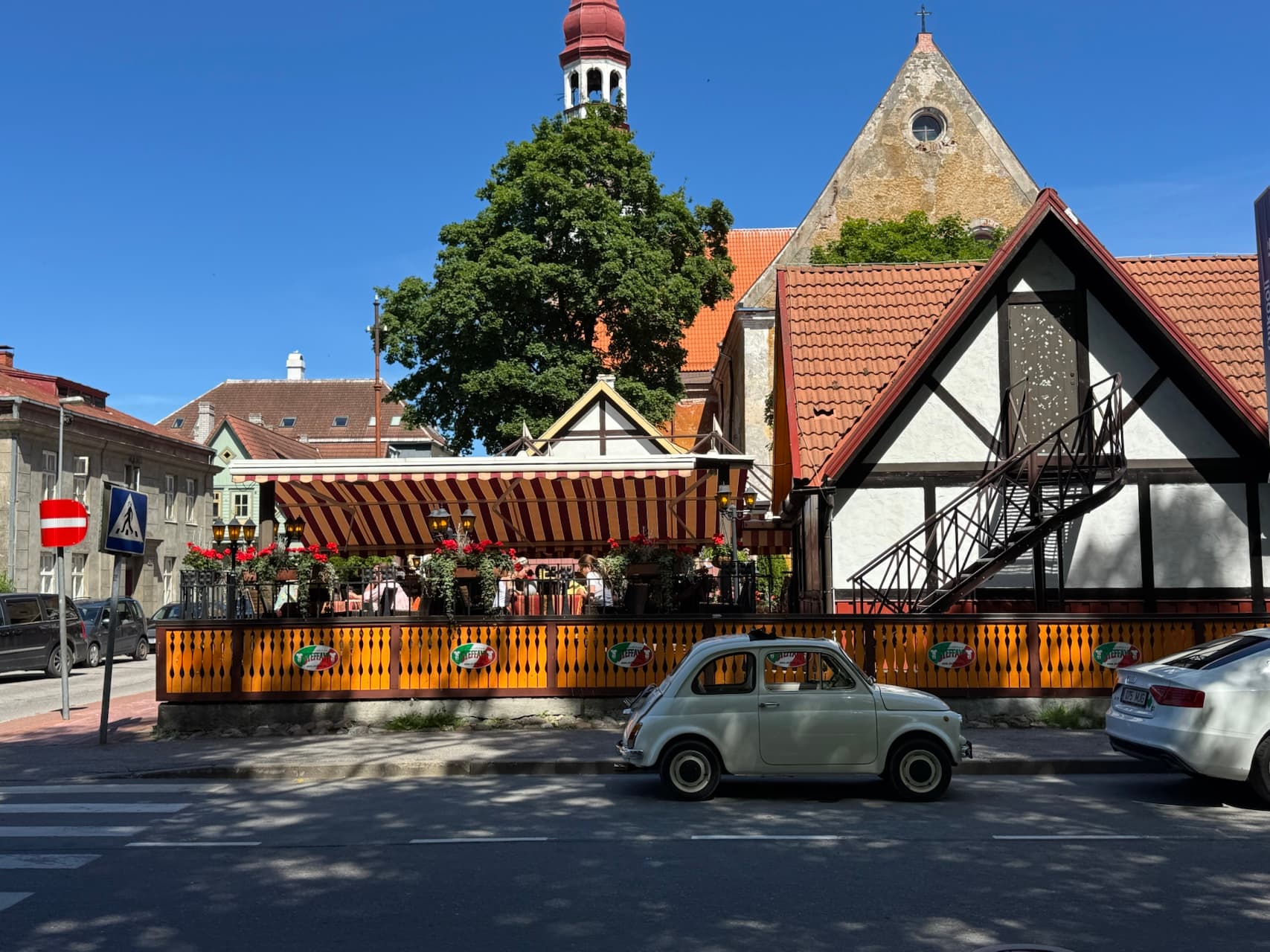 Red-roofed cafe in Pärnu, Estonia's historic center